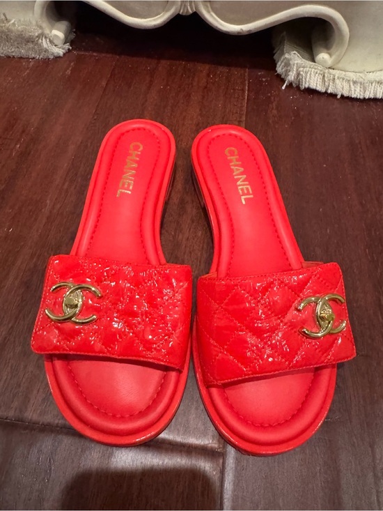 CHANEL Shoes - CHANEL Red Quilted Patent Slide Sandals with Gold CC Hardware
